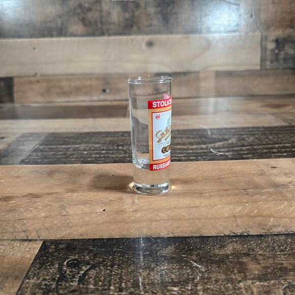 Stolichnaya Russian Vodka Double Glass 4 1/4” High Weighted Red White Gold Logo - Picture 2 of 3